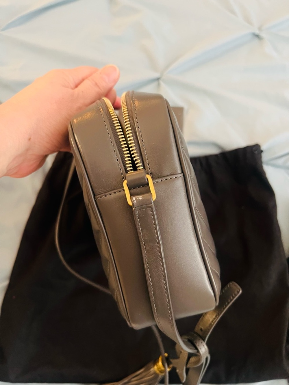Yves Saint Laurent Taupe Chevron Leather Camera Crossbody with Gold Hardware - Picture 4 of 5